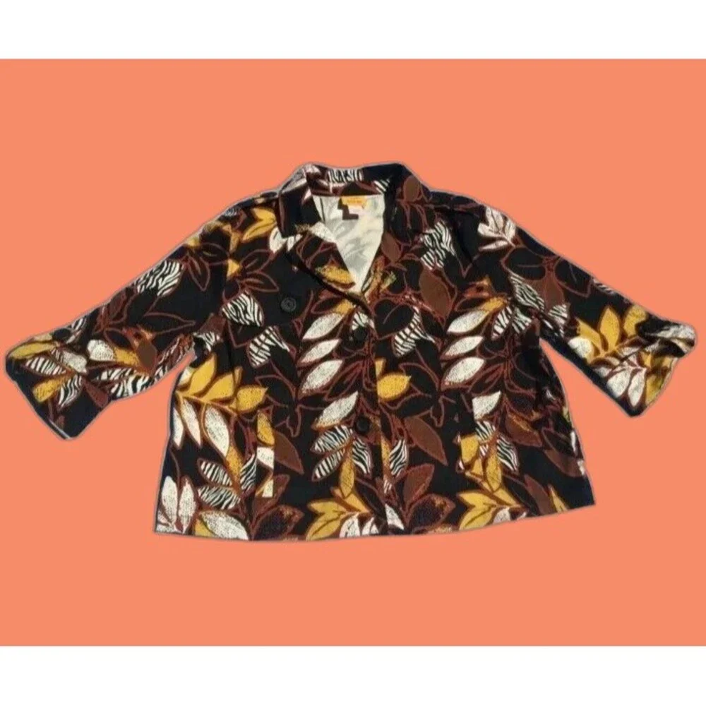 Ruby Rd Woman Jacket Size 14 Multicolor Bolero Flared Buttons Leaves Vintage